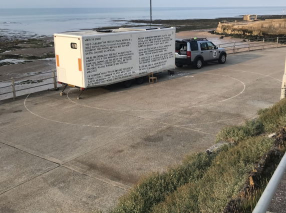 Image shows Ryan Board’s LAND RAFT mobile art studio in Margate during a research project
