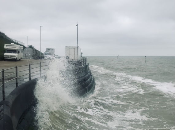 Image shows Ryan Board’s mobile LAND RAFT studio during a storm in Margate
