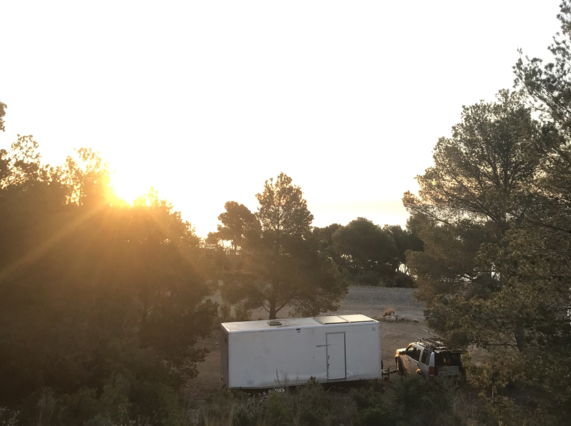 Image shows the LAND RAFT mobile studio stationed in Barcelona, 2024