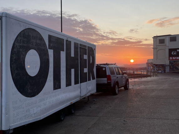 Image shows Artist Ryan Board’s LAND RAFT mobile studio sunrise at OTHER Art School site in Margate