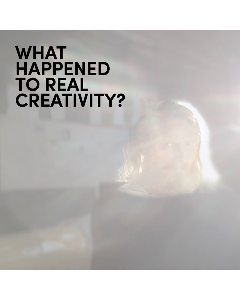 IMAGE: Shows Artist Ryan BoARD in misty overexposed LAND RAFT with text-based graphic saying ‘WHAT HAPPENED TO REAL CREATIVITY?